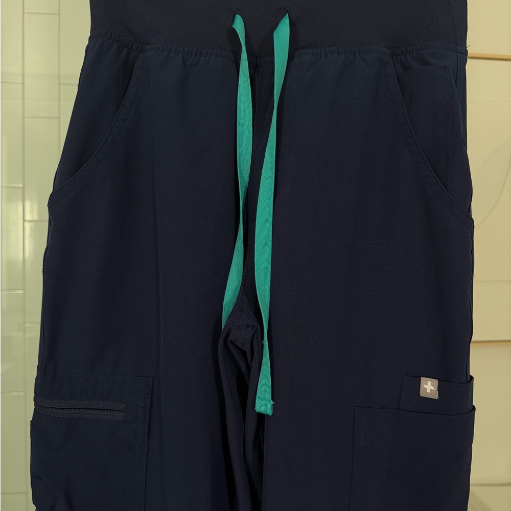 Figs Navy Blue Scrub Pants with Teal drawstring